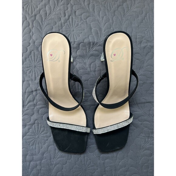 D❤️ Facing-S Black NBPU Faux Suede & Diamanté Strappy Sandal SZ 9M Bling Chic - Picture 1 of 10